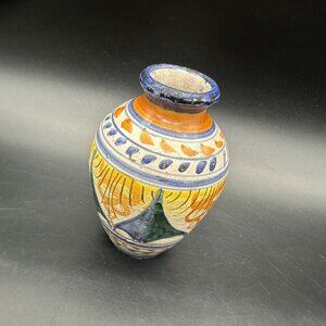 Vintage Vase Hand Painted Redware Pottery Abstract Blue Orange Rustic Decorative